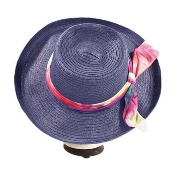 WIDE BRIM HAT, NAVY, SIZE MEDIUM, MULTICOLOUR SILK HAT BAND, GLORIA VANDERBILT, - Picture 2 of 5